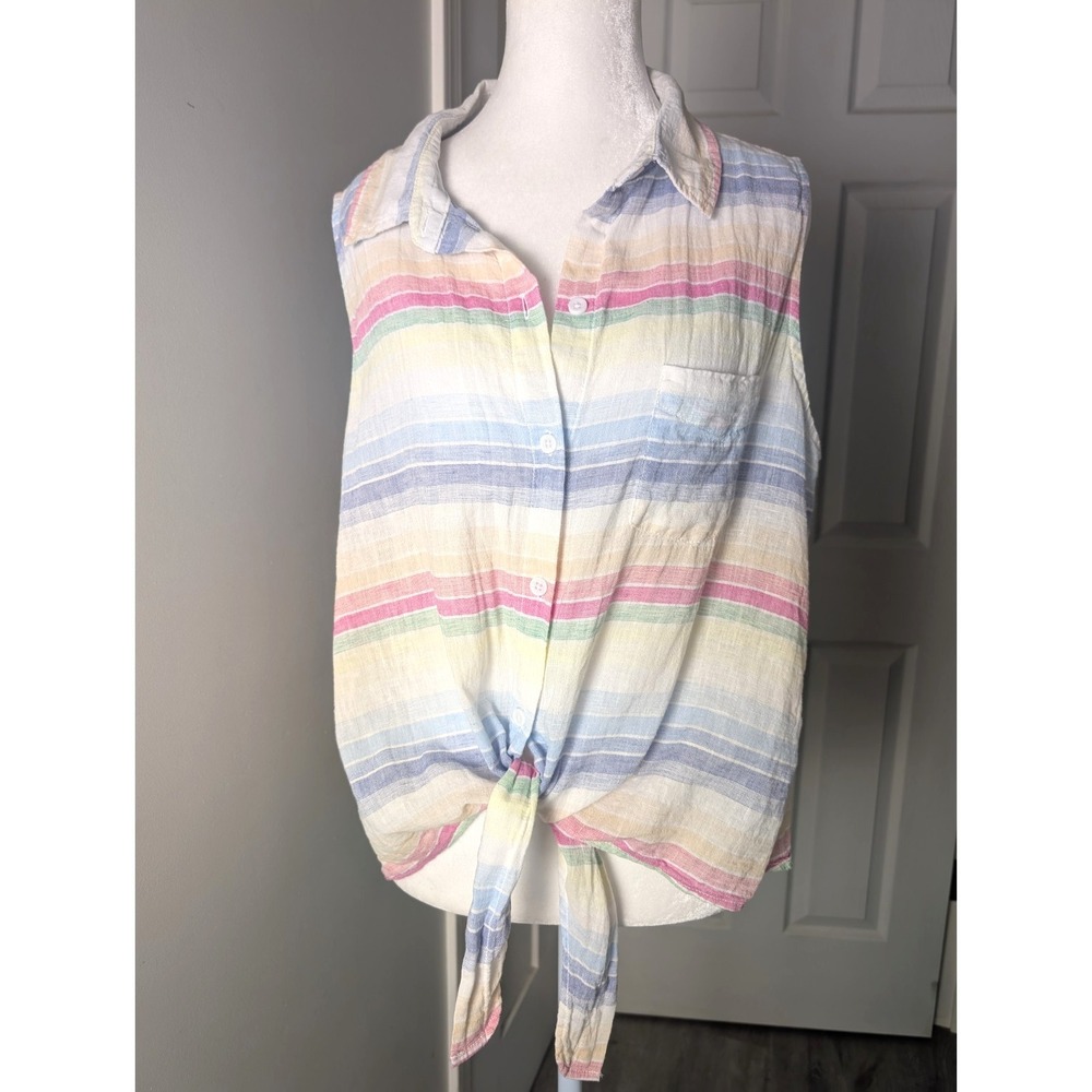 Beach Lunch Lounge Rainbow Striped Linen Button Up Women's XL Blouse Belly Tie